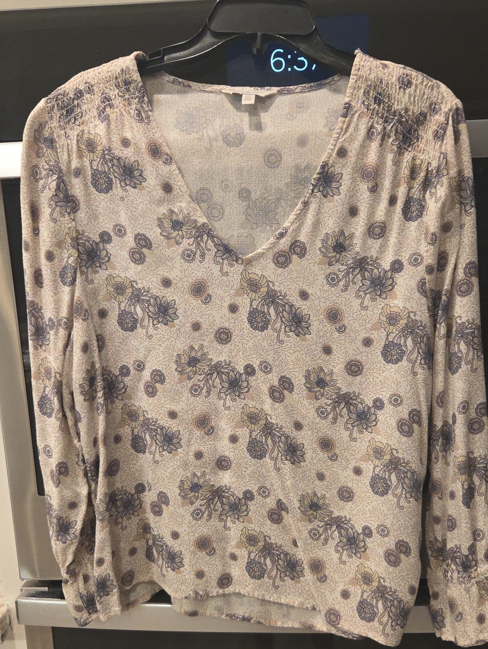 Floral V-Neck Long Sleeve Women's Top - Beige, Gray And Cream